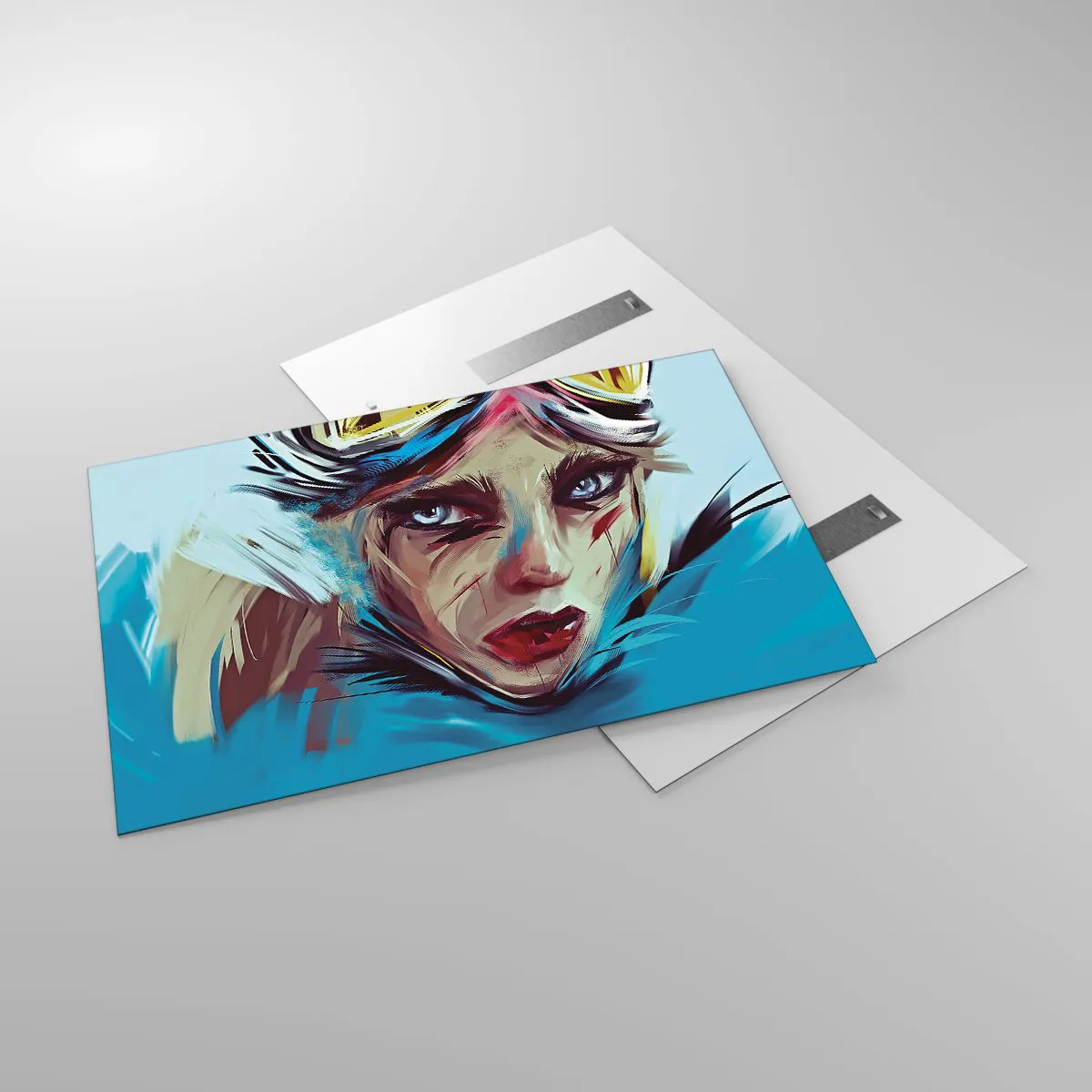 Glasbild - Bild auf glas - Porträt einer Frau mit Schutzbrille und blauen Pinselstrichen - 120x80cm - Strassenkämpferin - Moderne Wanddekoration für Wohnzimmer und Schlafzimmer ARTTOR