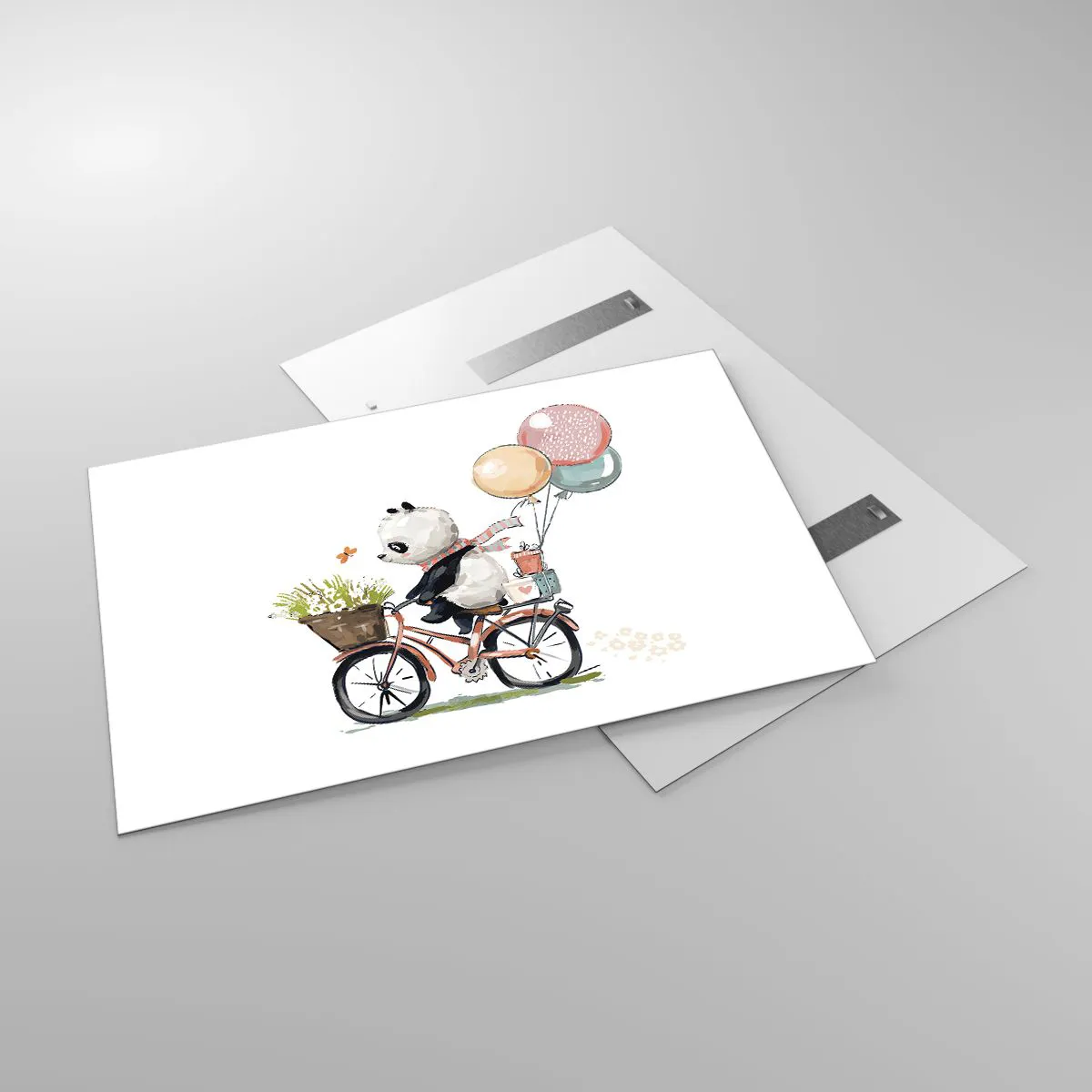 Glasbild - Bild auf glas - Ein Panda auf einem Fahrrad mit Luftballons und einem Blumenkorb. - 120x80cm - Glücklicher Tag - Moderne Wanddekoration für Wohnzimmer und Schlafzimmer ARTTOR