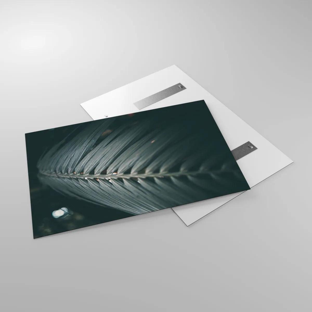 Glasbild - Bild auf glas - Nahaufnahme eines dunkelgrünen Palmblattes mit Lichtreflexion - 120x80cm - Die Präzision der Natur - Moderne Wanddekoration für Wohnzimmer und Schlafzimmer ARTTOR