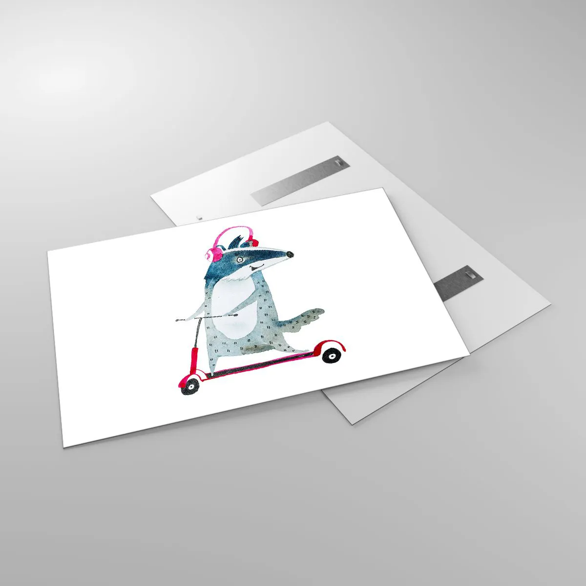 Glasbild - Bild auf glas - Dachs mit Kopfhörern auf einem Aquarell-Roller - 120x80cm - Dachsfreude - Moderne Wanddekoration für Wohnzimmer und Schlafzimmer ARTTOR