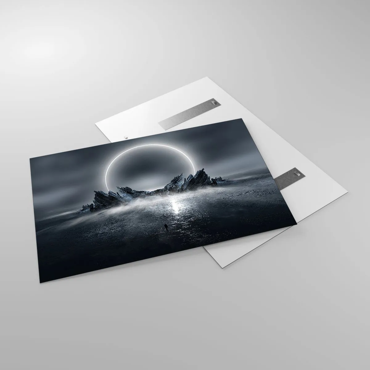 Cuadro sobre vidrio - Impresiones sobre Vidrio - Escena oscura con eclipse e isla rocosa. - 120x80cm - El final del cuento - Decoración de pared moderna para salón y dormitorio ARTTOR