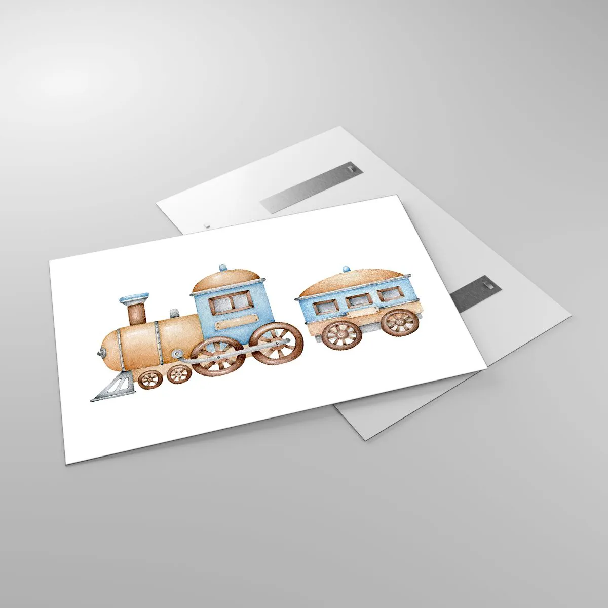 Obraz na szkle - Ilustracja pociągu parowego w odcieniach błękitu i beżu na białym tle - 120x80cm - Stoi na stacji... - Nowoczesna dekoracja ścienna do salonu, kuchni i sypialni ARTTOR