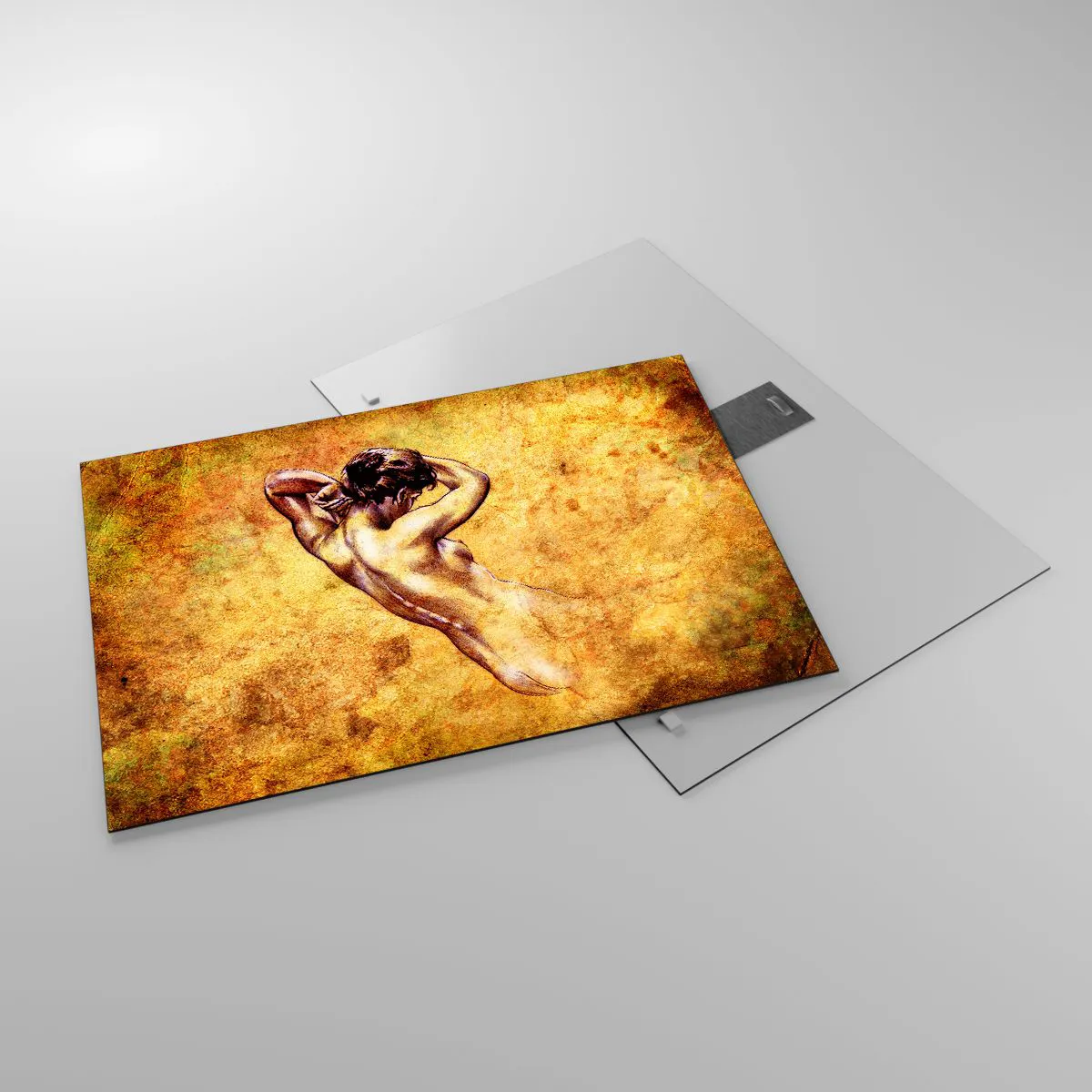 Quadro em vidro - Figura artística de um homem contra um fundo vintage - 70x50cm - Descoberta, mas ainda um mistério - Decoração de parede moderna para a sala de estar e quarto ARTTOR