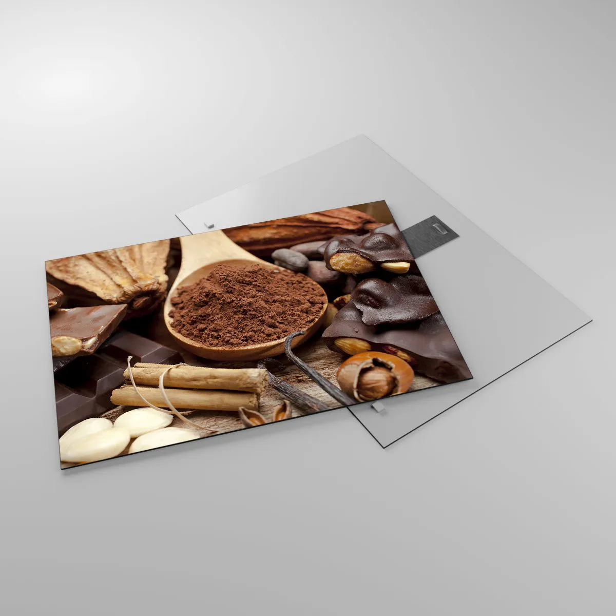 Glass picture - A spoonful of cocoa surrounded by chocolate, spices and nuts - 70x50cm - Best for Stress - Modern wall decoration for the living room and bedroom ARTTOR