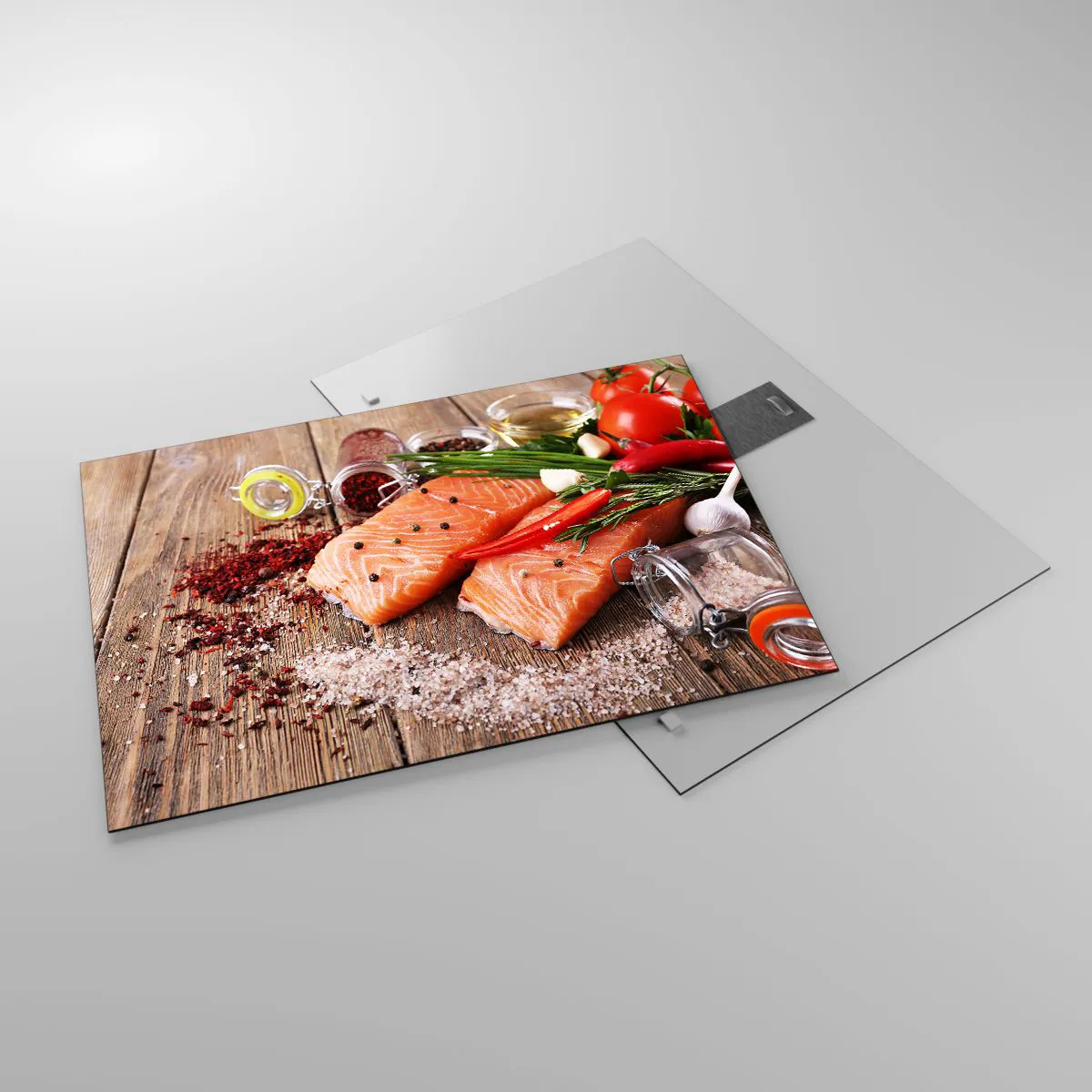 Glasbild - Bild auf glas - Lachsfilets mit Gewürzen auf einer Holzarbeitsplatte - 70x50cm - Norwegisches Abenteuer in der Küche - Moderne Wanddekoration für Wohnzimmer und Schlafzimmer ARTTOR