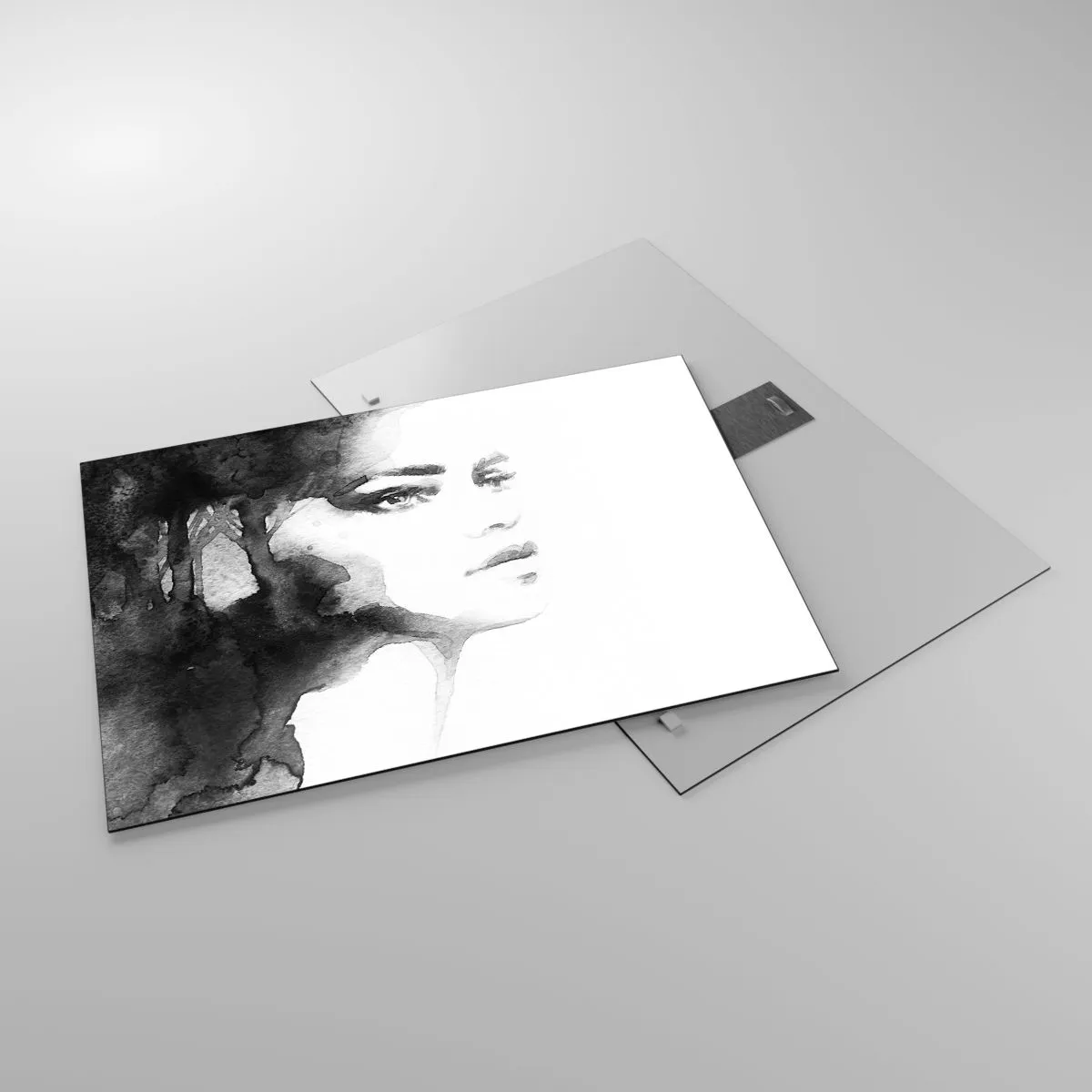 Glass picture - Black and white watercolor portrait of a woman - 70x50cm - Created from Mystery and Mist - Modern wall decoration for the living room and bedroom ARTTOR
