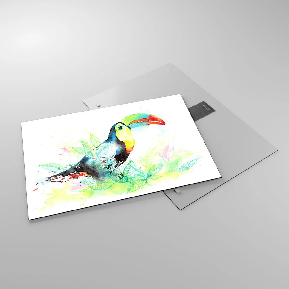 Impression sur verre - Image sur verre - Un toucan coloré dans un paysage aquarelle avec des feuilles - 70x50cm - Aussi coloré que l'Amérique du Sud - Décoration murale moderne pour le salon et la chambre ARTTOR
