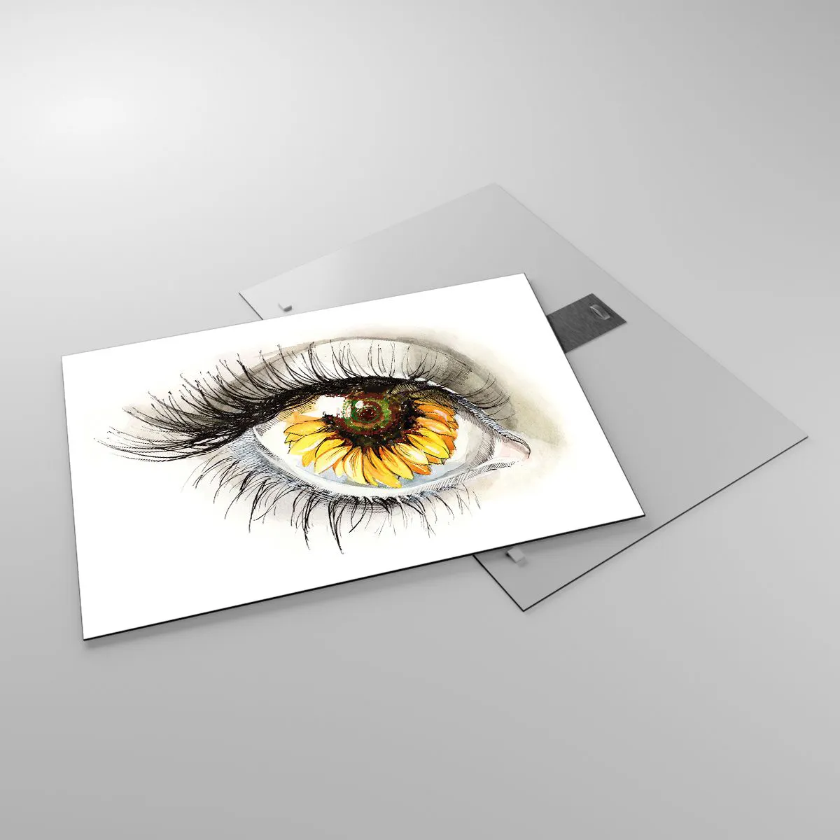 Obraz na skle - Oko s motívom slnečnice obklopené jemnými detailmi - 70x50cm - Pohľad žeravý ako leto - Moderná nástenná dekorácia do obývacej izby a spálne ARTTOR