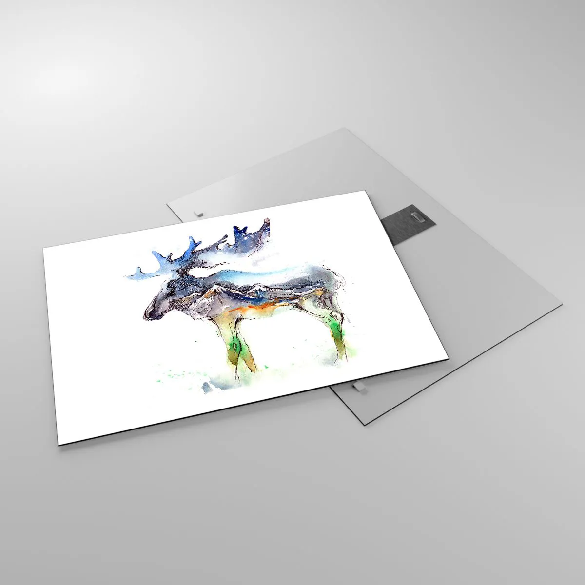 Glasbild - Bild auf glas - Aquarellmalerei eines Elches mit Bergsilhouette-Motiv - 70x50cm - Der Held eines Wintermärchens - Moderne Wanddekoration für Wohnzimmer und Schlafzimmer ARTTOR