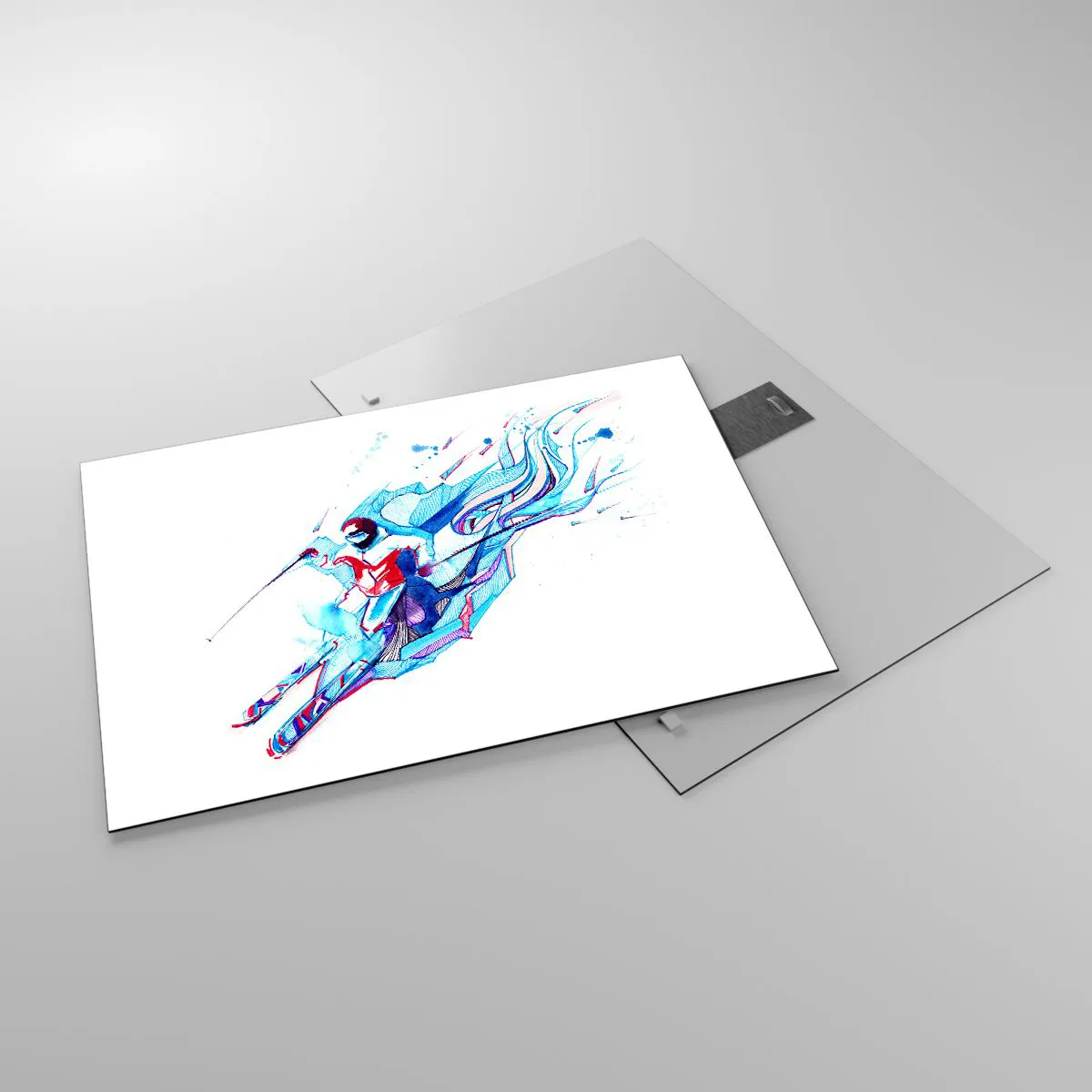 Tablou pe sticlă - O figură dinamică a unui schior în culori abstracte - 70x50cm - Graba nebună după bucurie - Decorațiune modernă pentru perete pentru living și dormitor ARTTOR