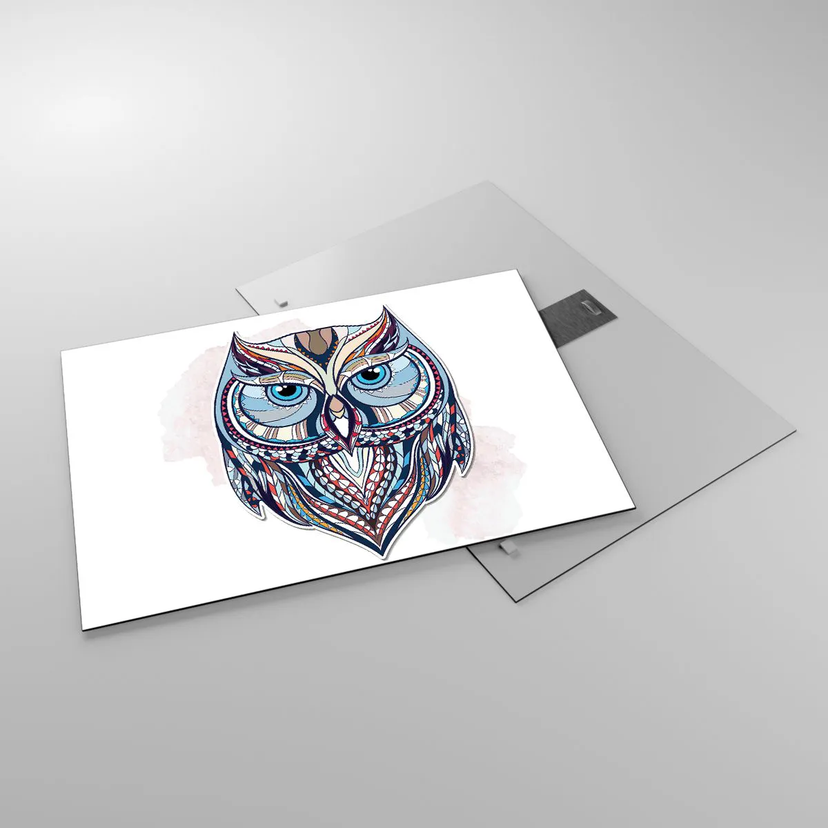 Billede på glas - Farverigt, geometrisk portræt af en ugle - 70x50cm - Kunstnerisk ornamental ugle - Moderne vægdekoration til stue og soveværelse ARTTOR