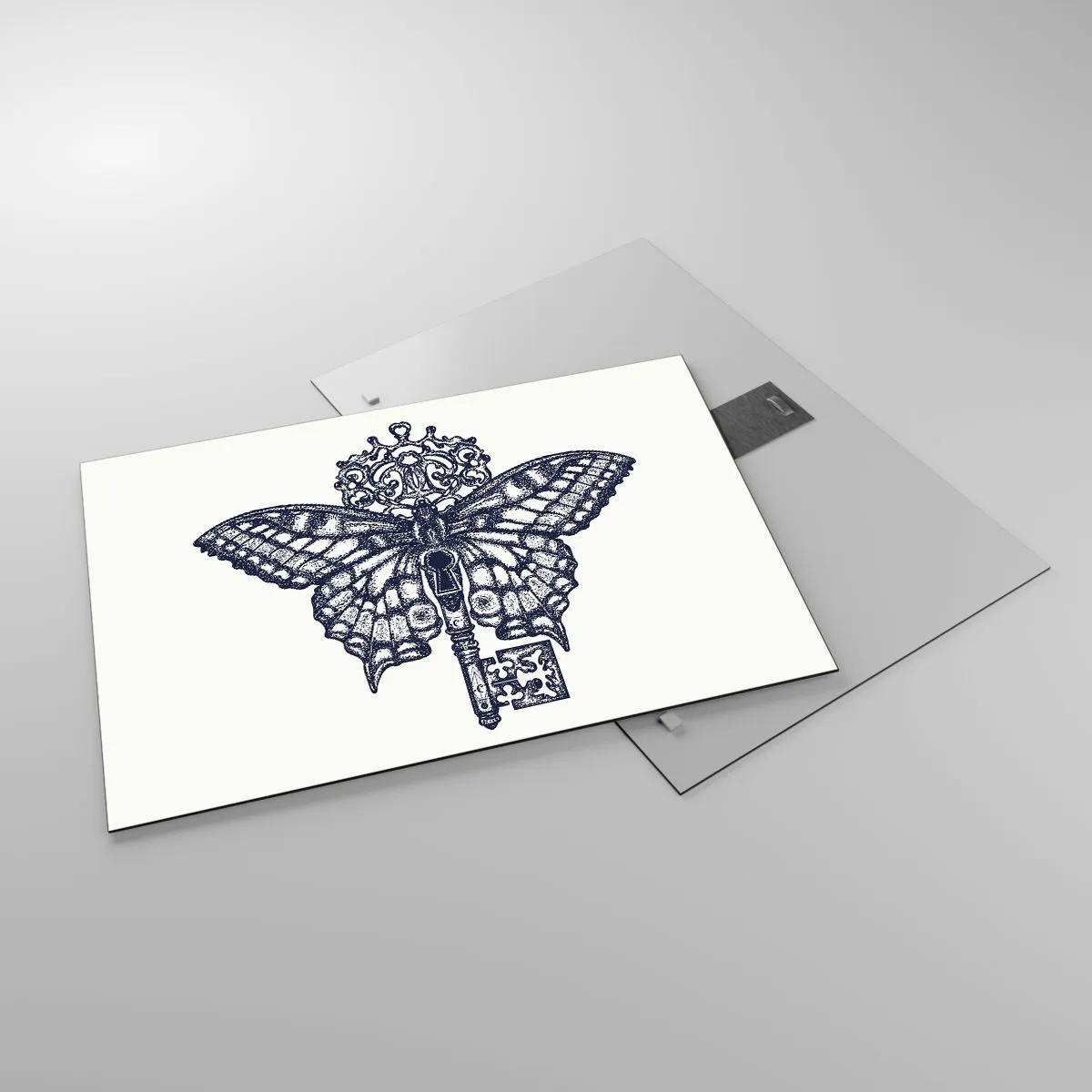 Obraz na skle - Ilustrace motýla s klíčem uprostřed - 70x50cm - Všechna tajemství srdce - Moderní nástěnná dekorace do obývacího pokoje a ložnice ARTTOR