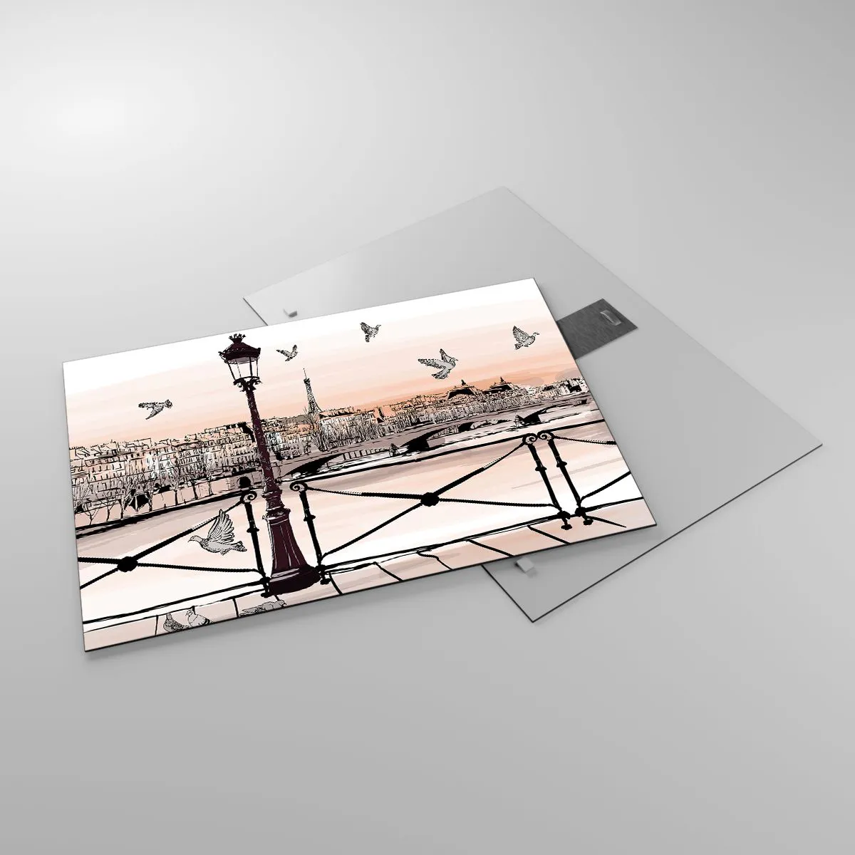 Tablou pe sticlă - Ilustrație a unei străzi pariziene cu vedere la Turnul Eiffel în zori - 70x50cm - Deasupra acoperișurilor Parisului - Decorațiune modernă pentru perete pentru living și dormitor ARTTOR