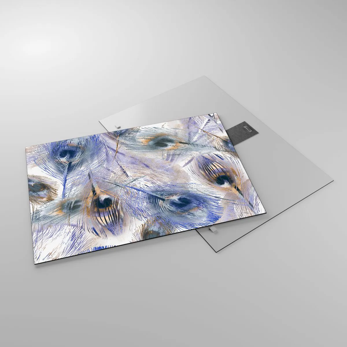Impression sur verre - Image sur verre - Plumes de paon délicates dans des tons de bleu et de marron - 70x50cm - Composition de paon - Décoration murale moderne pour le salon et la chambre ARTTOR