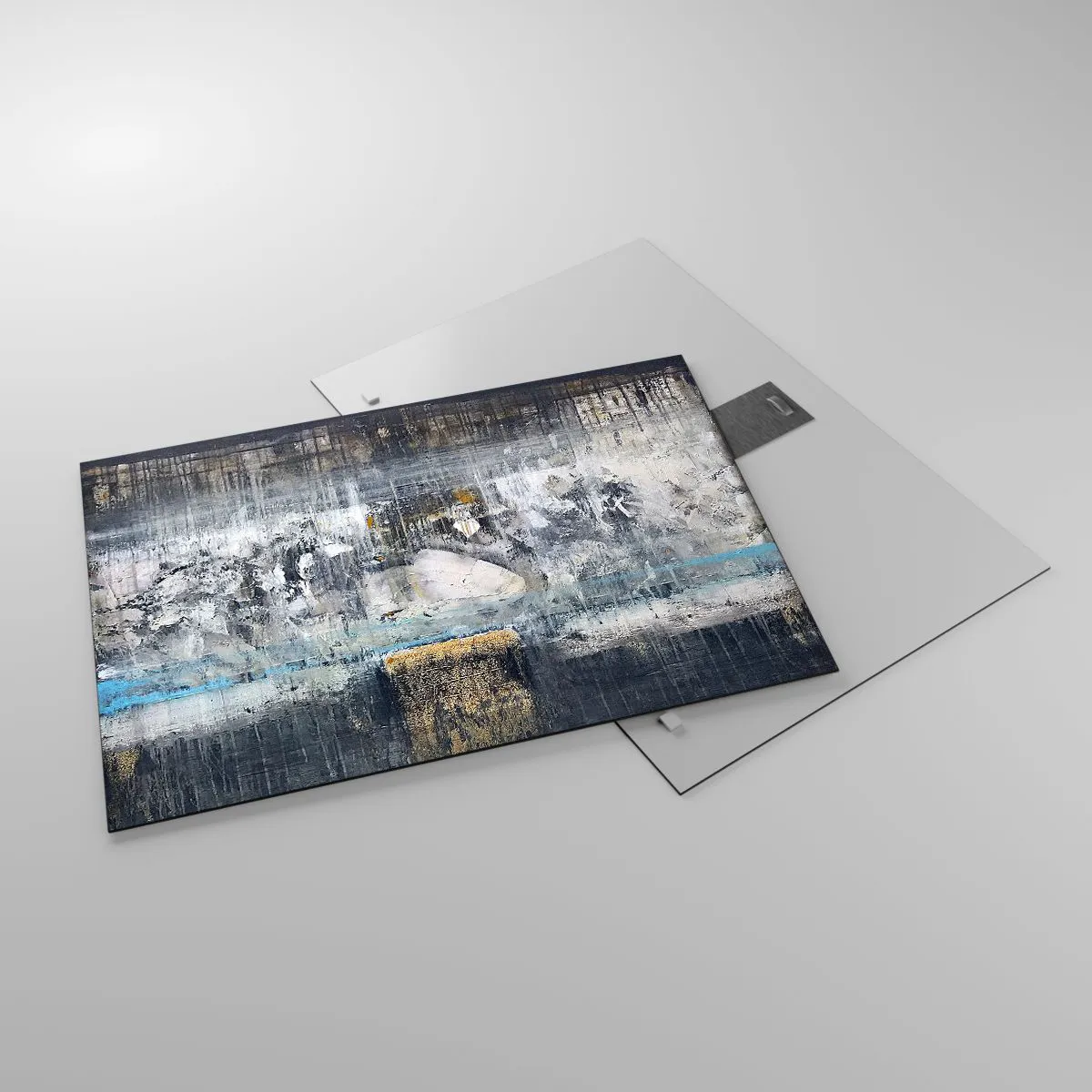 Impression sur verre - Image sur verre - Un paysage abstrait dominé par le gris et le bleu. - 70x50cm - Comme sur la glace, comme après décembre - Décoration murale moderne pour le salon et la chambre ARTTOR