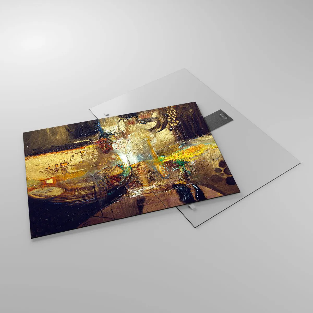 Tablou pe sticlă - Compoziție abstractă în nuanțe de auriu și maro - 70x50cm - Rece, călduț, fierbinte - Decorațiune modernă pentru perete pentru living și dormitor ARTTOR