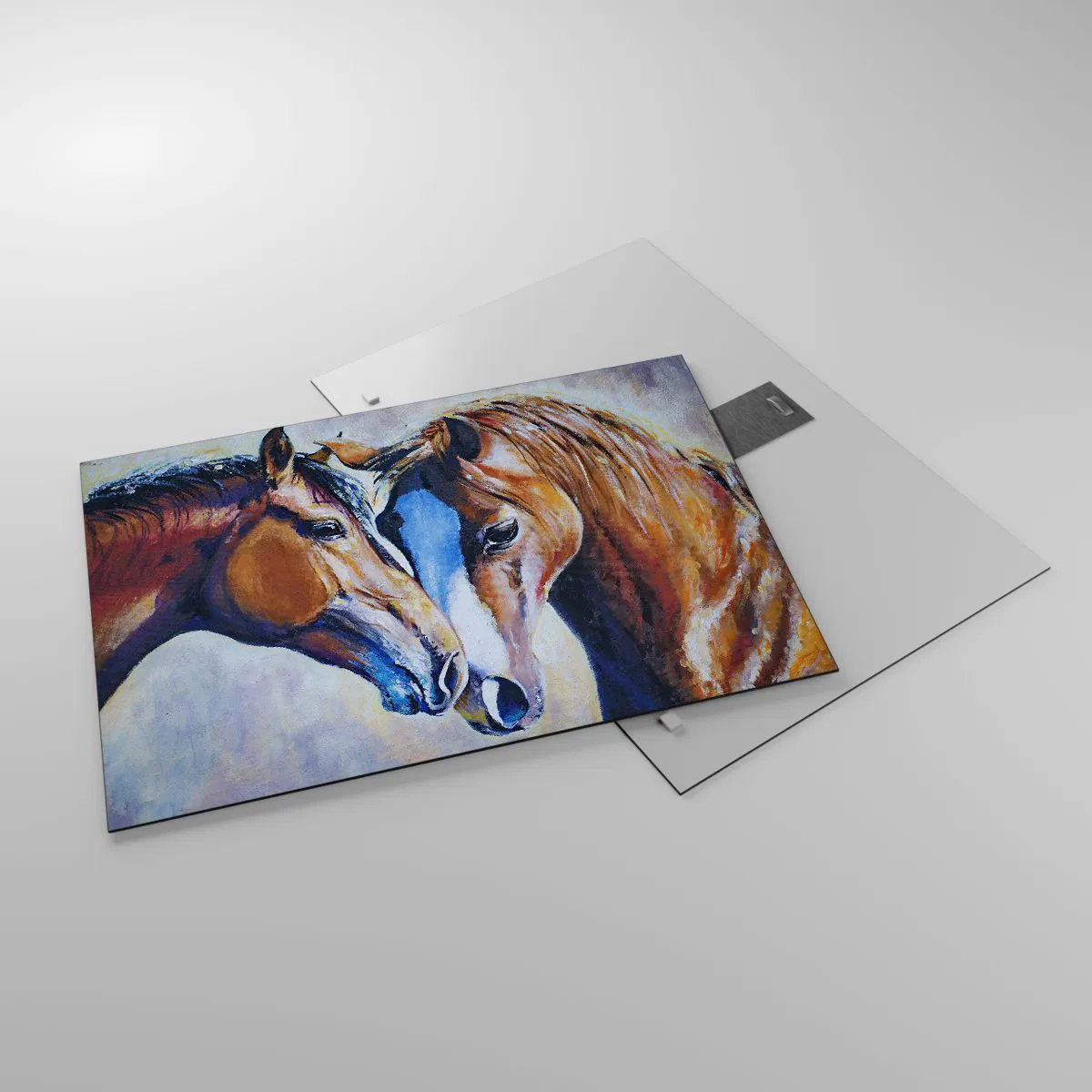 Obraz na szkle - Dwa konie w czułym geście bliskości - 70x50cm - Czy to jest przyjaźń? czy to jest kochanie? - Nowoczesna dekoracja ścienna do salonu i sypialni ARTTOR