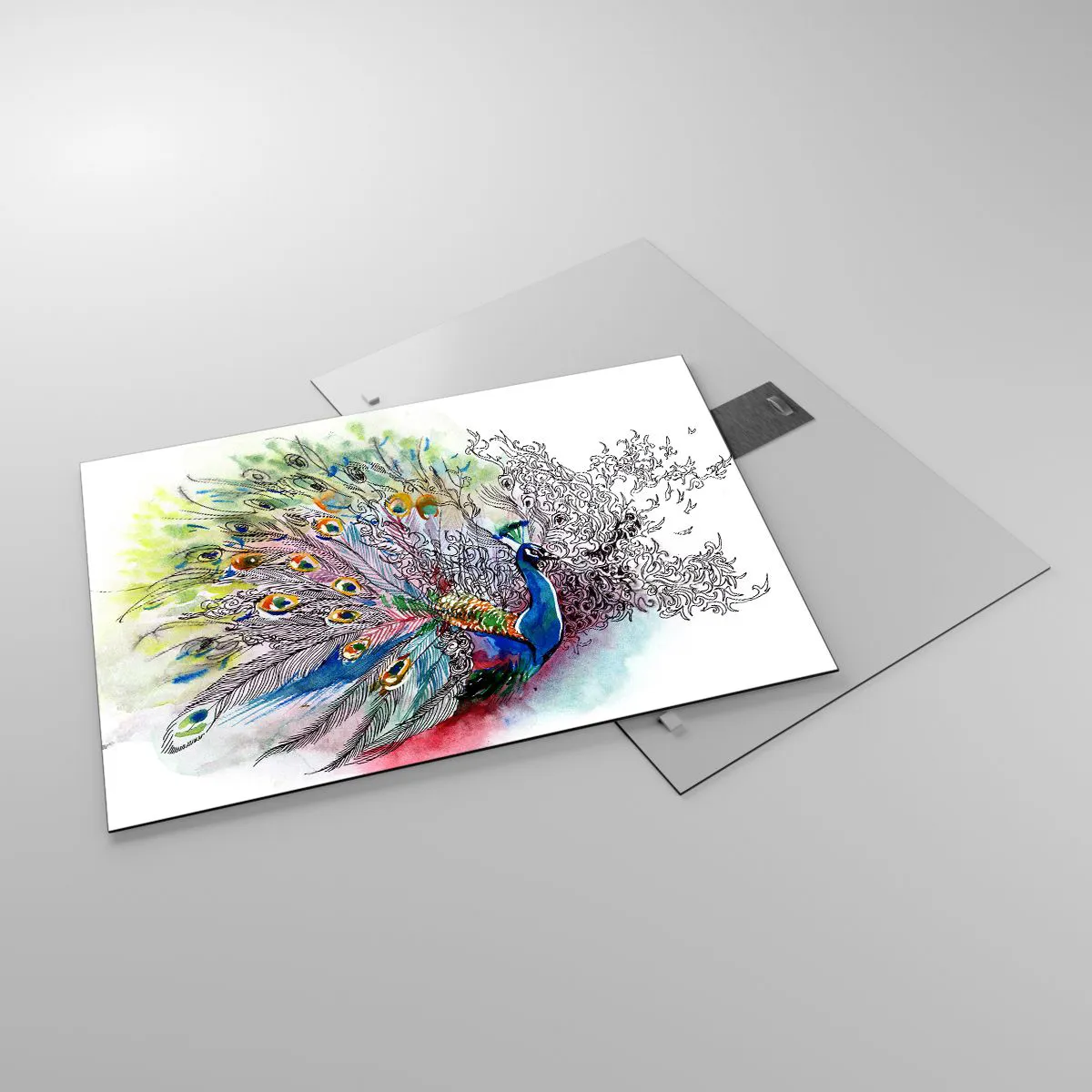 Cuadro sobre vidrio - Impresiones sobre Vidrio - Pavo real colorido en un estilo artístico de acuarela. - 70x50cm - Con orgullo contra el gris - Decoración de pared moderna para salón y dormitorio ARTTOR