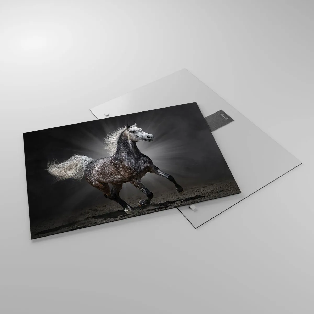 Glass picture - A galloping horse against a dark background with a lighting effect. - 70x50cm - Grey Is Beautiful - Modern wall decoration for the living room and bedroom ARTTOR
