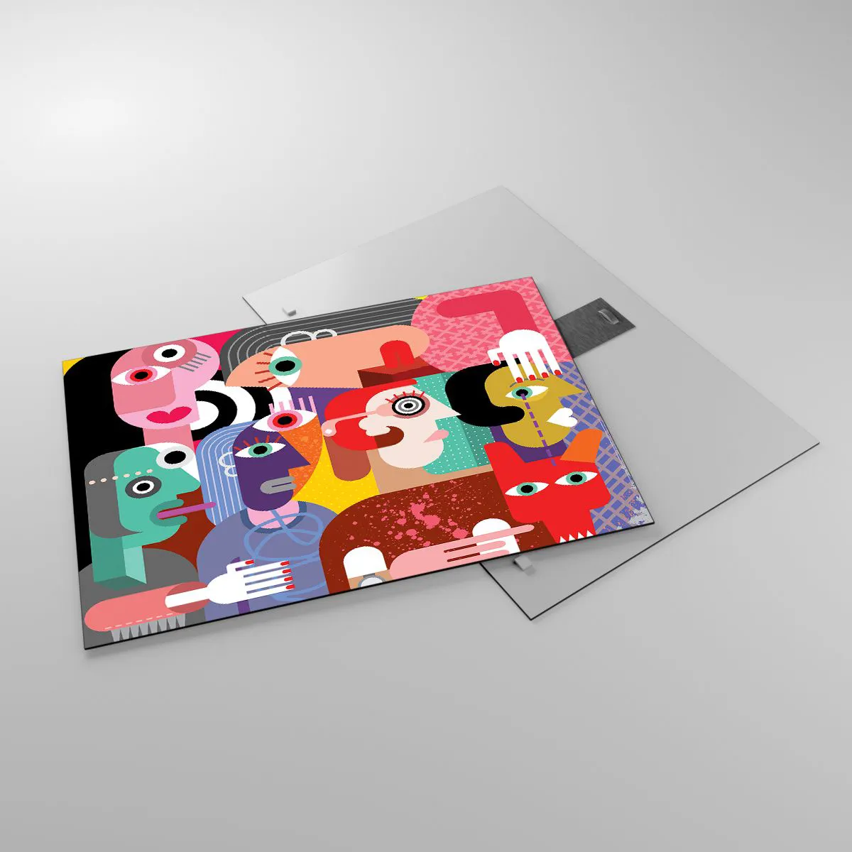 Tablou pe sticlă - Compoziție abstractă de fețe în culori vii - 70x50cm - Am venit de la domnul Picasso - Decorațiune modernă pentru perete pentru living și dormitor ARTTOR