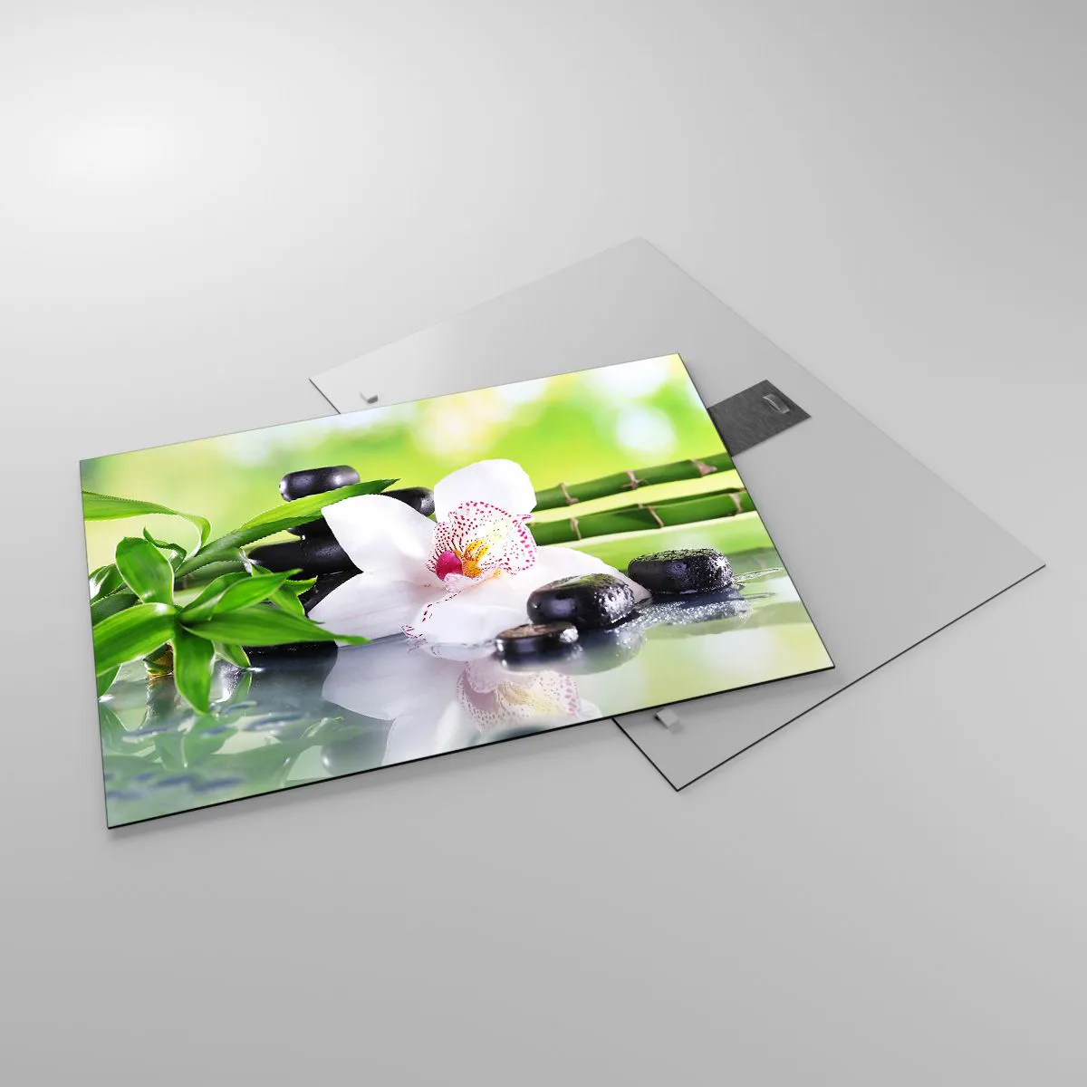 Glass picture - Orchid, bamboo and black stones against a green background - 70x50cm - Cool Freshness - Modern wall decoration for the living room and bedroom ARTTOR