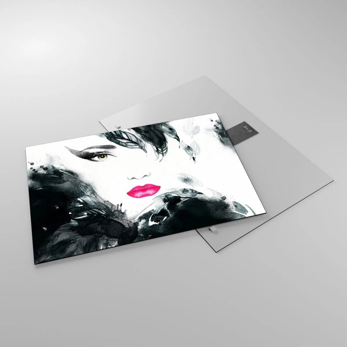 Glastavla - Bild på glas - Porträtt av en kvinna med rosa läppar och svarta accenter - 70x50cm - Observera! Femme fatale - Modern väggdekoration för vardagsrum och sovrum ARTTOR