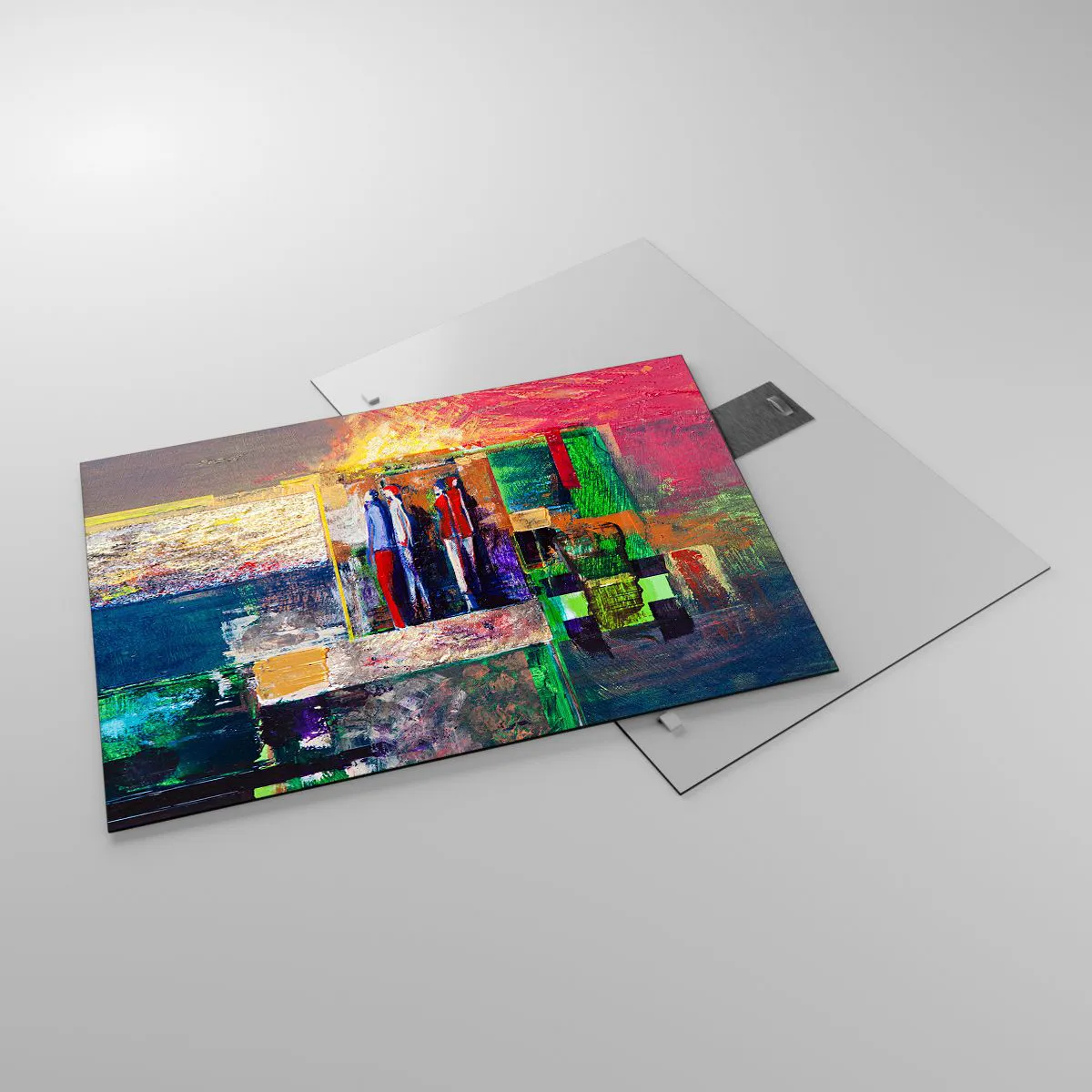 Billede på glas - En abstrakt komposition med figurer og intense farver. - 70x50cm - Forhold og følelser - Moderne vægdekoration til stue og soveværelse ARTTOR