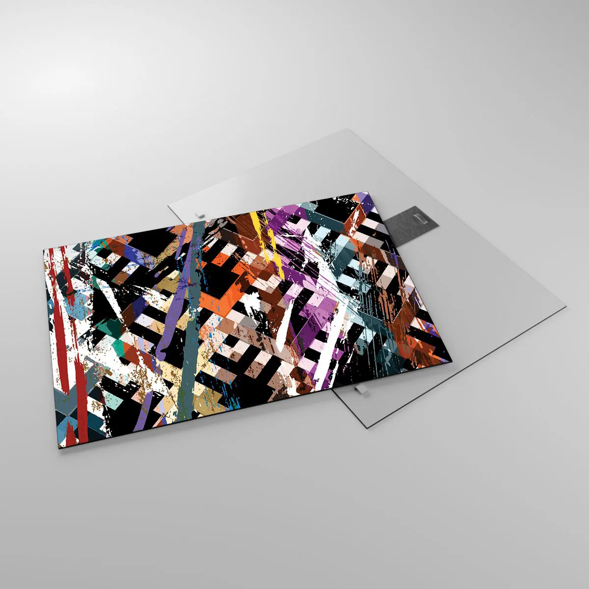 Quadro em vidro - Uma composição abstrata com padrões geométricos e cores intensas. - 70x50cm - Ao quadrado - Decoração de parede moderna para a sala de estar e quarto ARTTOR