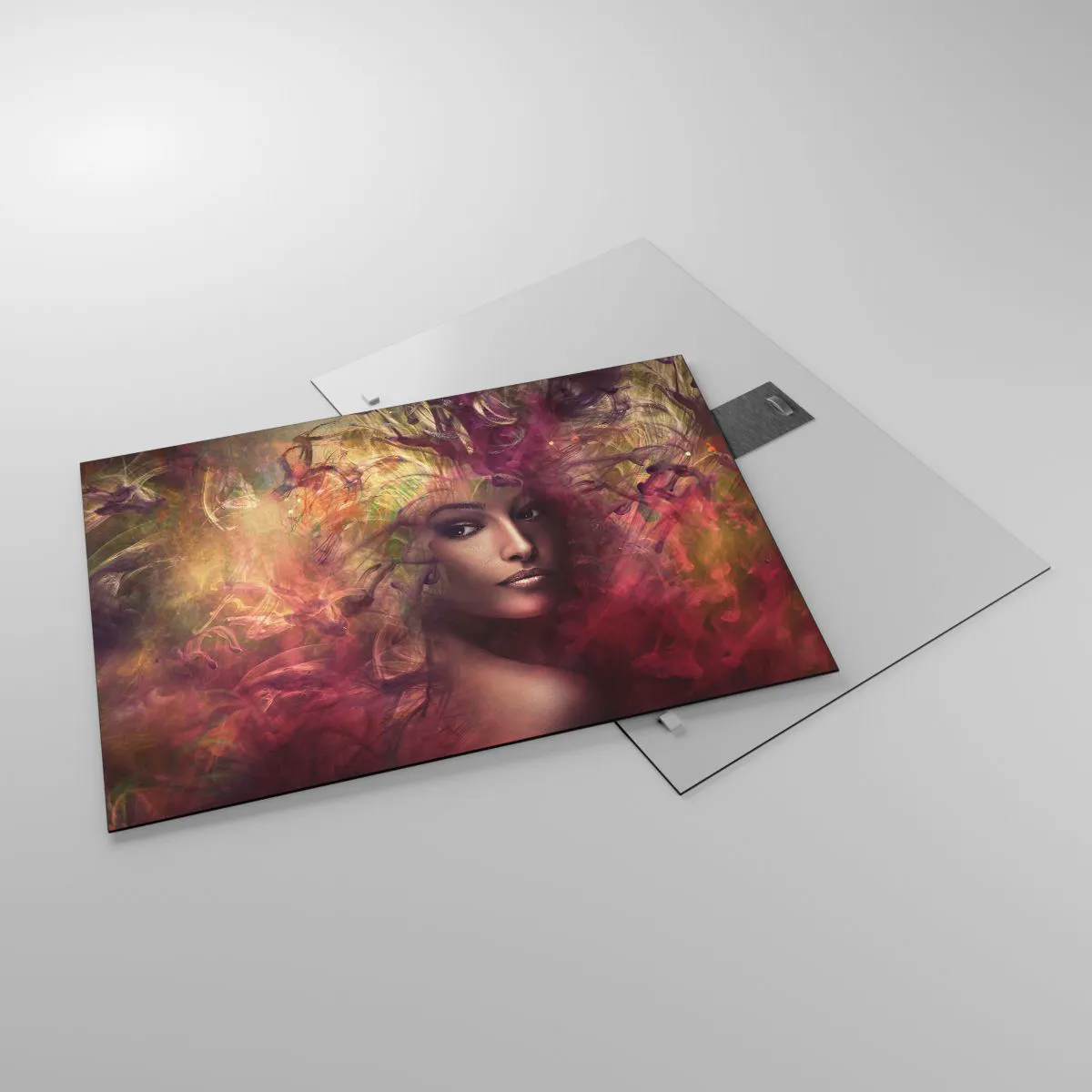 Tablou pe sticlă - Portretul unei femei înconjurate de culori luminoase, abstracte - 70x50cm - Iată-mă! - Decorațiune modernă pentru perete pentru living și dormitor ARTTOR