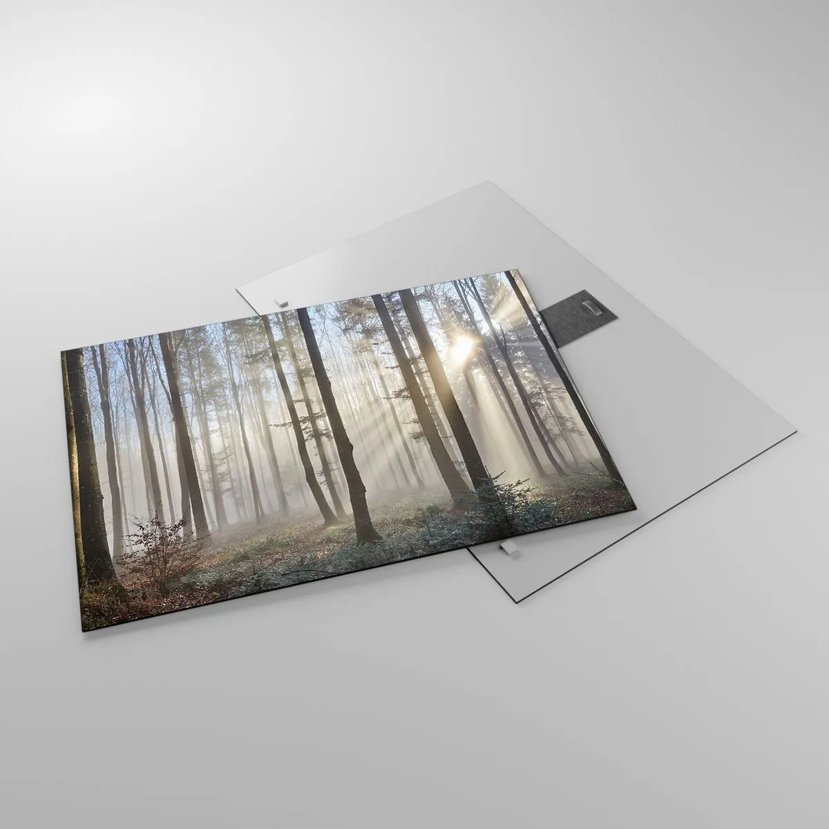 Quadro su vetro - I raggi del sole mattutino penetrano nella foresta nebbiosa - 70x50cm - Anche la nebbia si è svegliata - Decorazione murale moderna per soggiorno e camera da letto ARTTOR