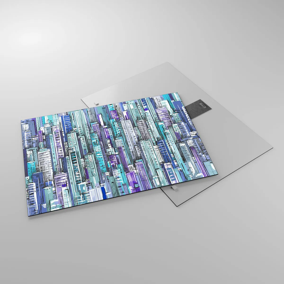 Quadro em vidro - Ilustração de uma cidade cheia de arranha-céus em tons frios - 70x50cm - Azul do céu - Decoração de parede moderna para a sala de estar e quarto ARTTOR