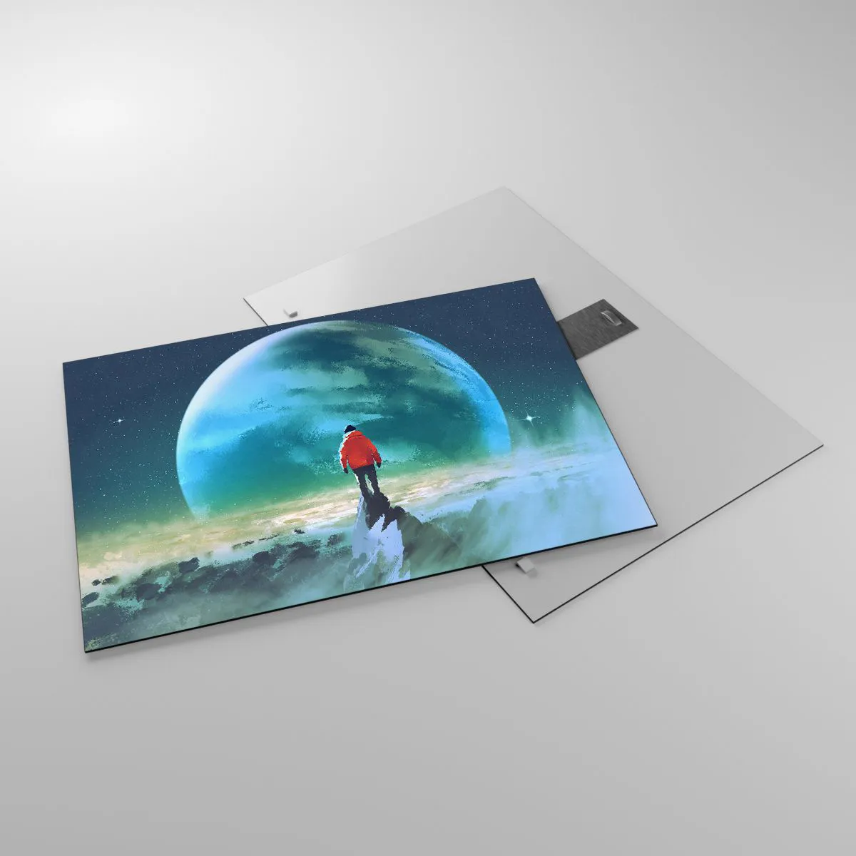 Billede på glas - En figur i en rød jakke på baggrund af en enorm planet og stjerner - 70x50cm - Opdageren af et nyt land - Moderne vægdekoration til stue og soveværelse ARTTOR