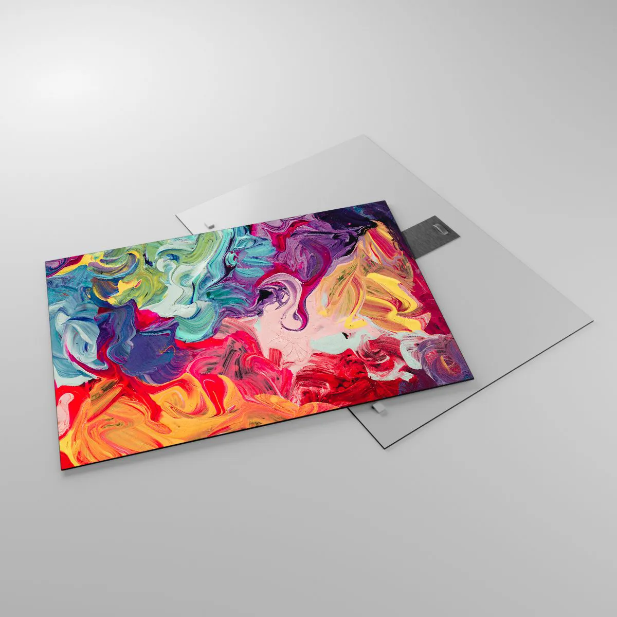 Glastavla - Bild på glas - Abstrakta färgglada strimmor av färg på duk i intensiva färger - 70x50cm - Färgerna föds - Modern väggdekoration för vardagsrum och sovrum ARTTOR