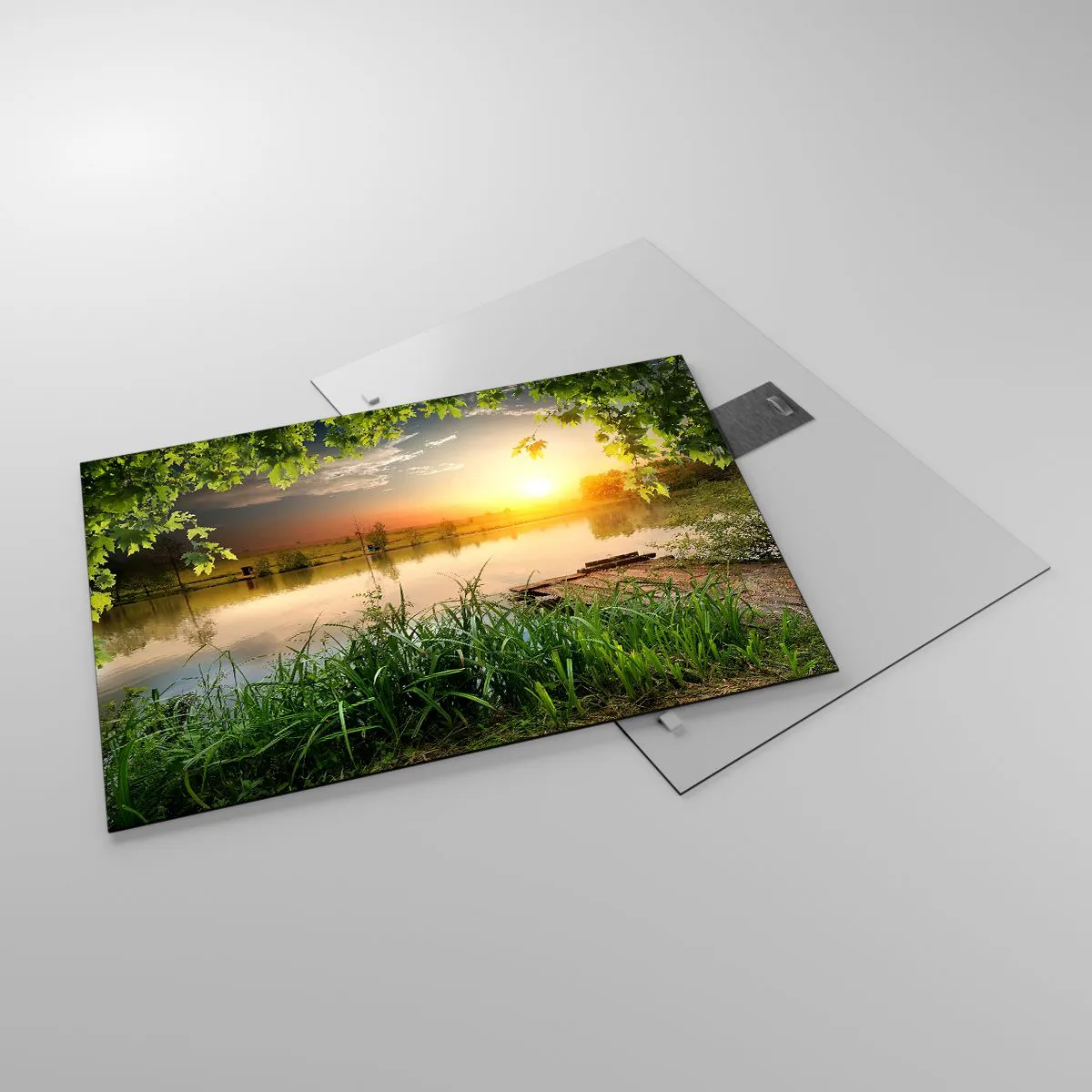 Glass picture - Landscape with a lake surrounded by greenery at sunset - 70x50cm - Landscape in a Green Frame - Modern wall decoration for the living room and bedroom ARTTOR