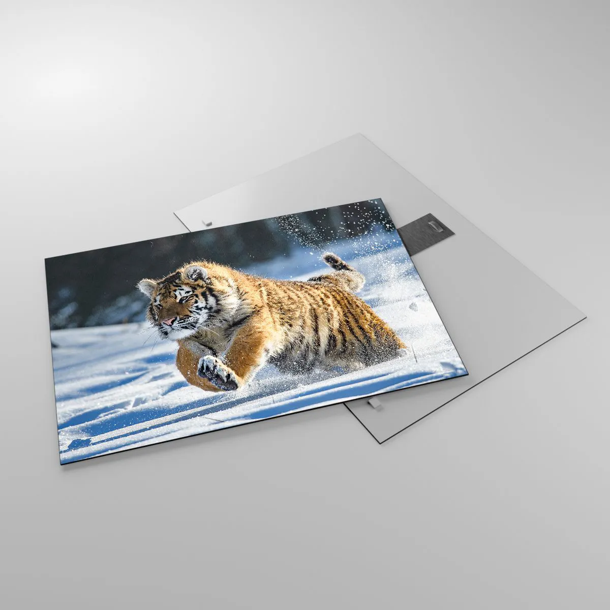 Billede på glas - En sibirisk tiger løber gennem sneen i et vinterlandskab. - 70x50cm - Den sibiriske taigas gud - Moderne vægdekoration til stue og soveværelse ARTTOR