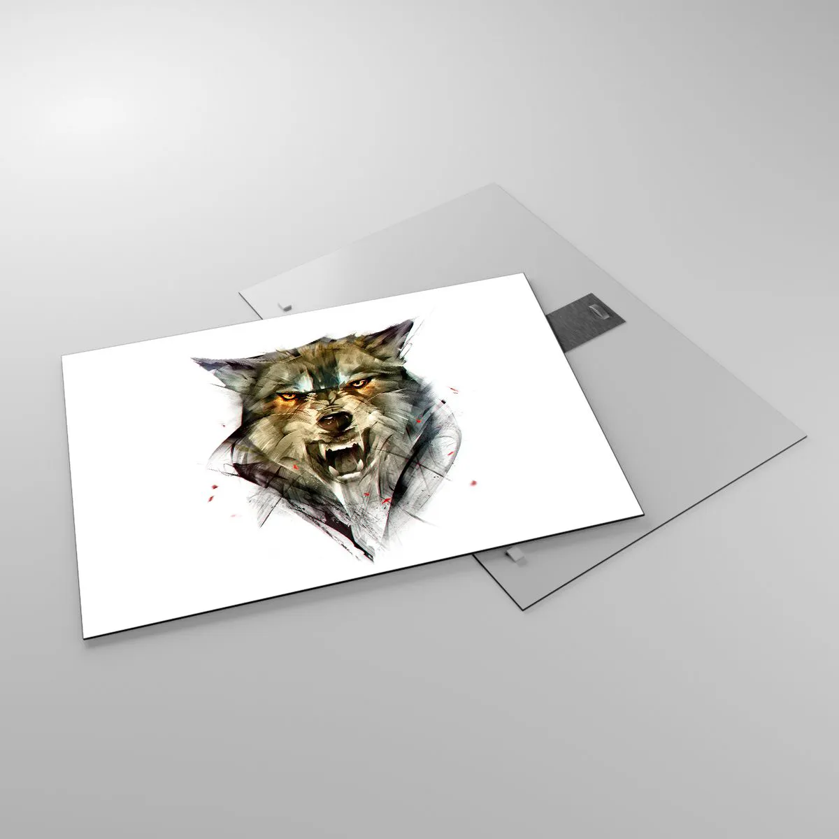 Tablou pe sticlă - O imagine a unui lup amenințător cu gura deschisă și o privire intensă - 70x50cm - Nici un pas! - Decorațiune modernă pentru perete pentru living și dormitor ARTTOR