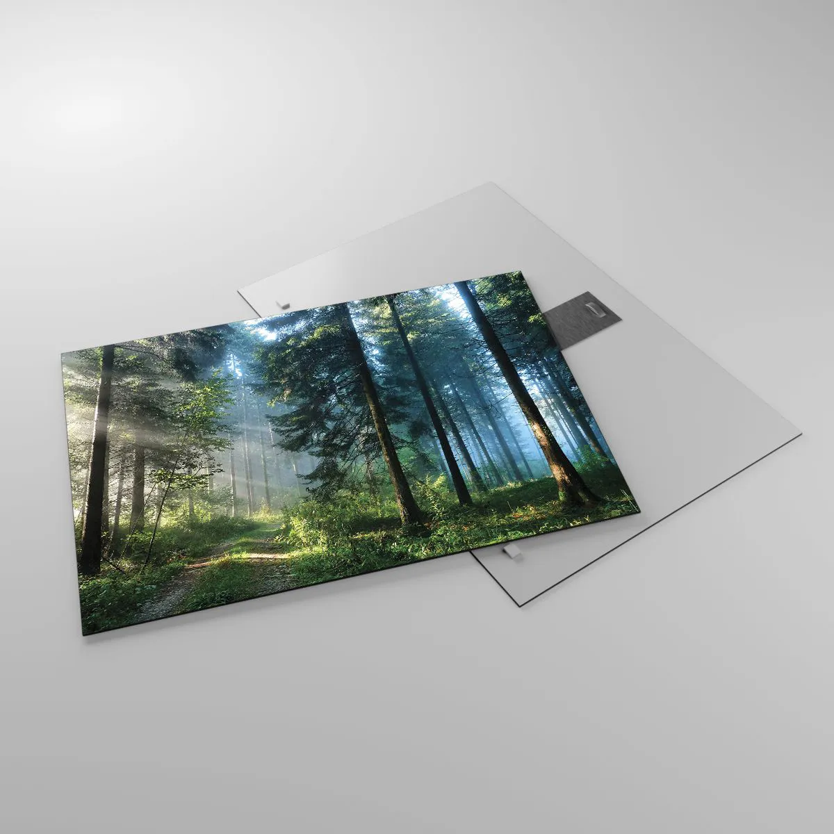 Glass picture - A forest path in the morning mist among tall trees - 70x50cm - Radiant at Dawn - Modern wall decoration for the living room and bedroom ARTTOR