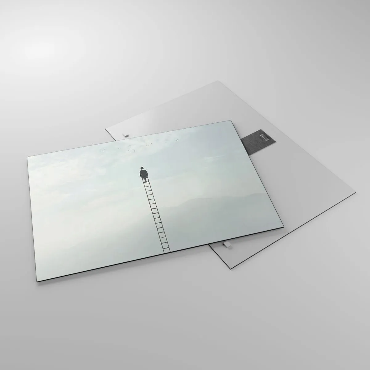 Glasbild - Bild auf glas - Silhouette eines Mannes oben auf einer Leiter in den Wolken - 70x50cm - Erhebe dich darüber! - Moderne Wanddekoration für Wohnzimmer und Schlafzimmer ARTTOR