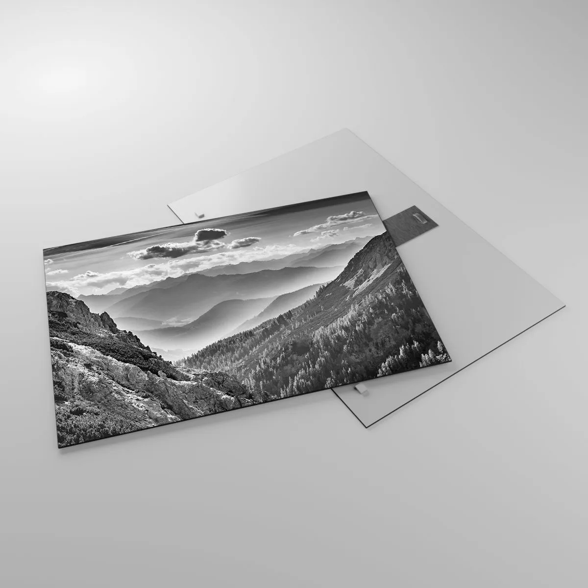 Impression sur verre - Image sur verre - Panorama de montagne en noir et blanc avec vue sur la vallée - 70x50cm - Jusqu'à l'horizon - Décoration murale moderne pour le salon et la chambre ARTTOR