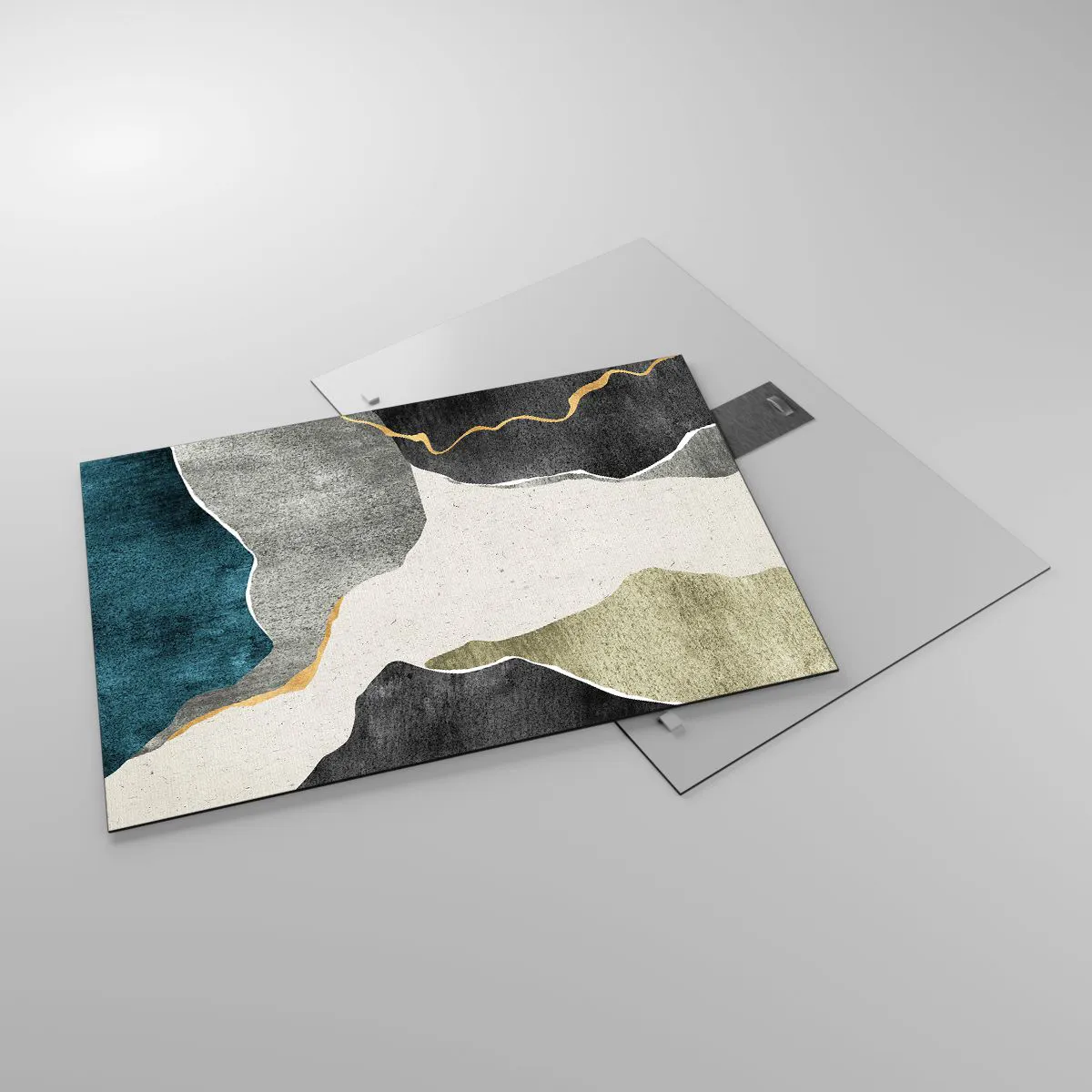 Obraz na szkle - Abstrakcyjna mozaika z organicznymi kształtami i złotą linią - 70x50cm - Mozaikowa kompozycja z nitką złota - Nowoczesna dekoracja ścienna do salonu i sypialni ARTTOR