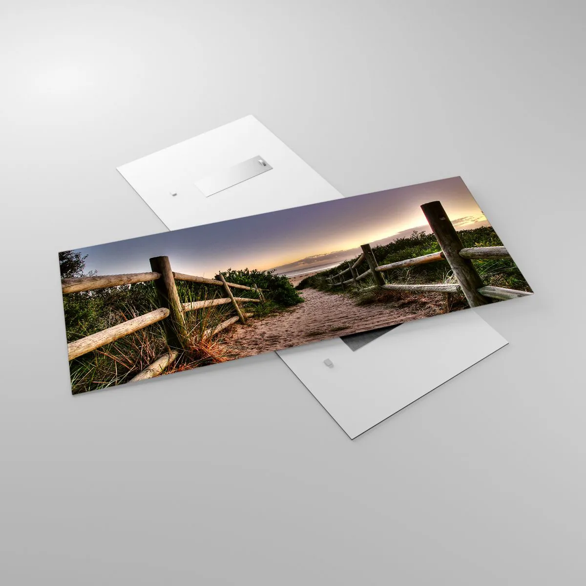 Cuadro sobre vidrio - Impresiones sobre Vidrio - Camino de madera en las dunas que conduce a la playa al atardecer - 120x50cm - Objetivo a la vista - Decoración de pared moderna para salón y dormitorio ARTTOR