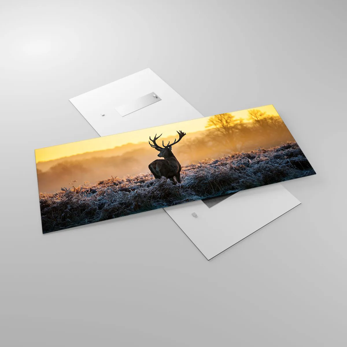 Impression sur verre - Image sur verre - Un cerf dans une clairière gelée au lever du soleil - 120x50cm - Couronné pour sa succession - Décoration murale moderne pour le salon et la chambre ARTTOR