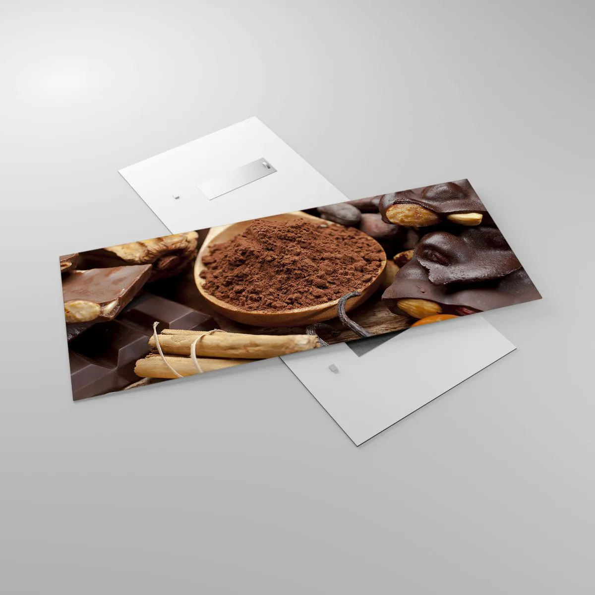 Quadro su vetro - Un cucchiaio di cacao e ingredienti al cioccolato in una disposizione rustica - 120x50cm - Ideale per i momenti di tristezza - Decorazione murale moderna per soggiorno e camera da letto ARTTOR