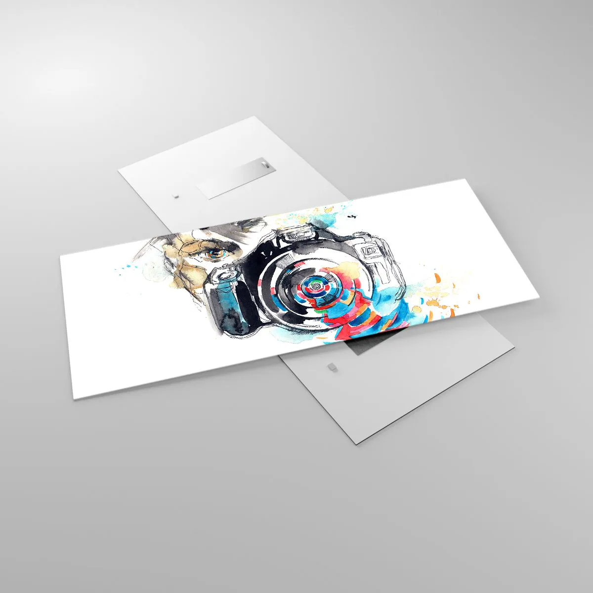 Glasbild - Bild auf glas - Aquarellkamera mit farbenfrohen Details - 120x50cm - Im Auge der Linse - Moderne Wanddekoration für Wohnzimmer und Schlafzimmer ARTTOR