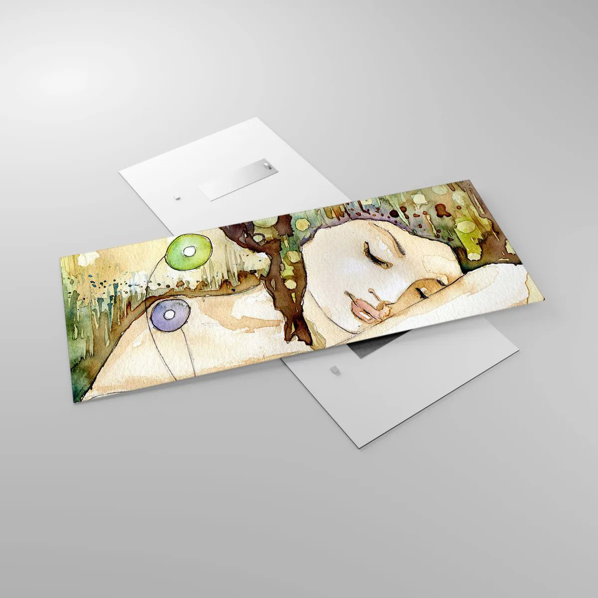 Glasbild - Bild auf glas - Eine träumende Frau, umgeben von abstrakten Formen und Farben. - 120x50cm - Ein smaragd-violetter Traum - Moderne Wanddekoration für Wohnzimmer und Schlafzimmer ARTTOR