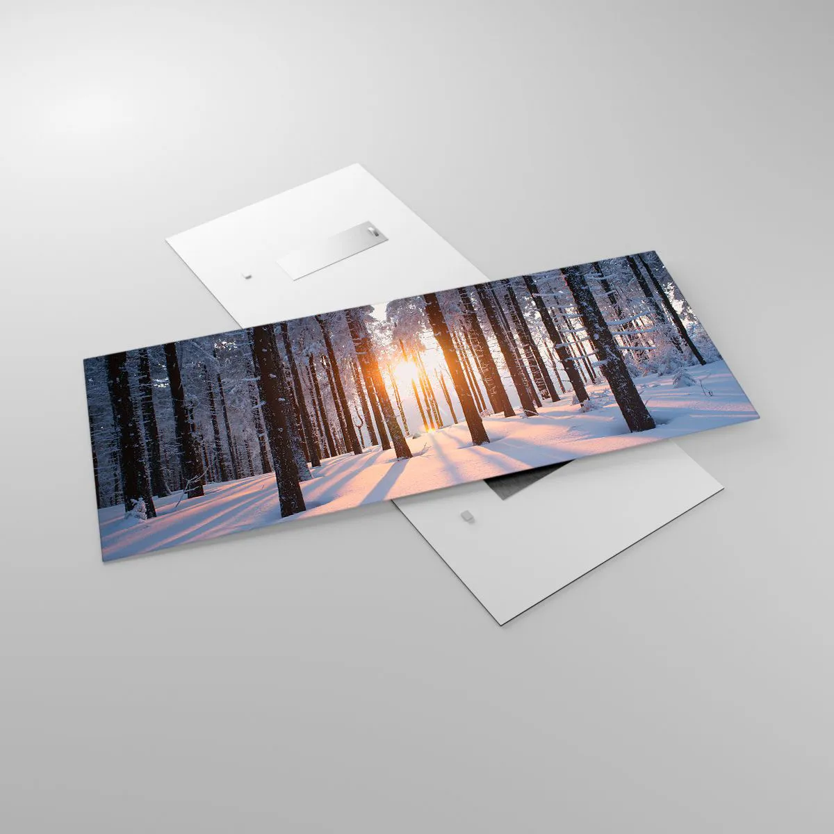 Cuadro sobre vidrio - Impresiones sobre Vidrio - Bosque invernal iluminado por los rayos del sol. - 120x50cm - Claramente en blanco y negro - Decoración de pared moderna para salón y dormitorio ARTTOR