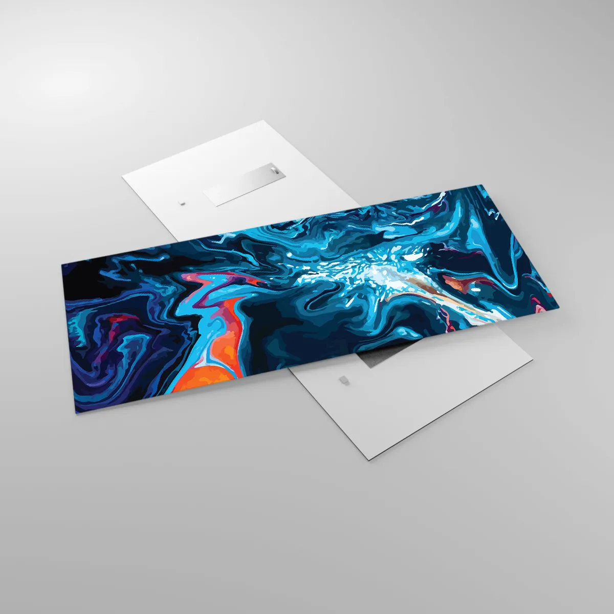 Impression sur verre - Image sur verre - Un motif abstrait dans des tons de bleu avec des accents orange. - 120x50cm - Voyage au centre du ciel - Décoration murale moderne pour le salon et la chambre ARTTOR