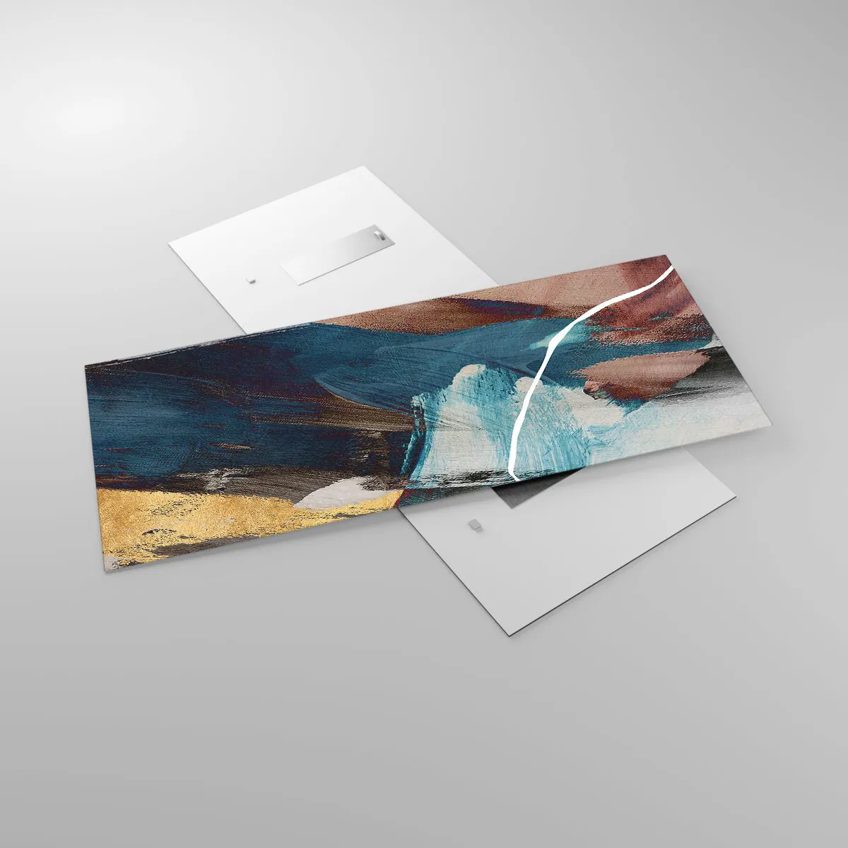 Cuadro sobre vidrio - Impresiones sobre Vidrio - Pinceladas abstractas en tonos azules y dorados. - 120x50cm - Con estilo y energía - Decoración de pared moderna para salón y dormitorio ARTTOR