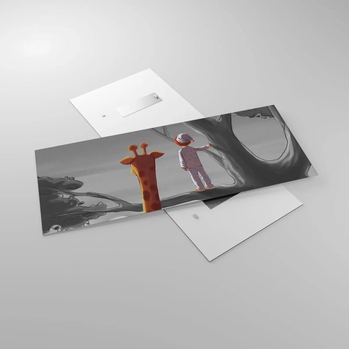 Obraz na szkle - Dziecko i żyrafa na gałęzi drzewa w bajkowym krajobrazie - 120x50cm - To się naprawdę dzieje - Nowoczesna dekoracja ścienna do salonu i sypialni ARTTOR