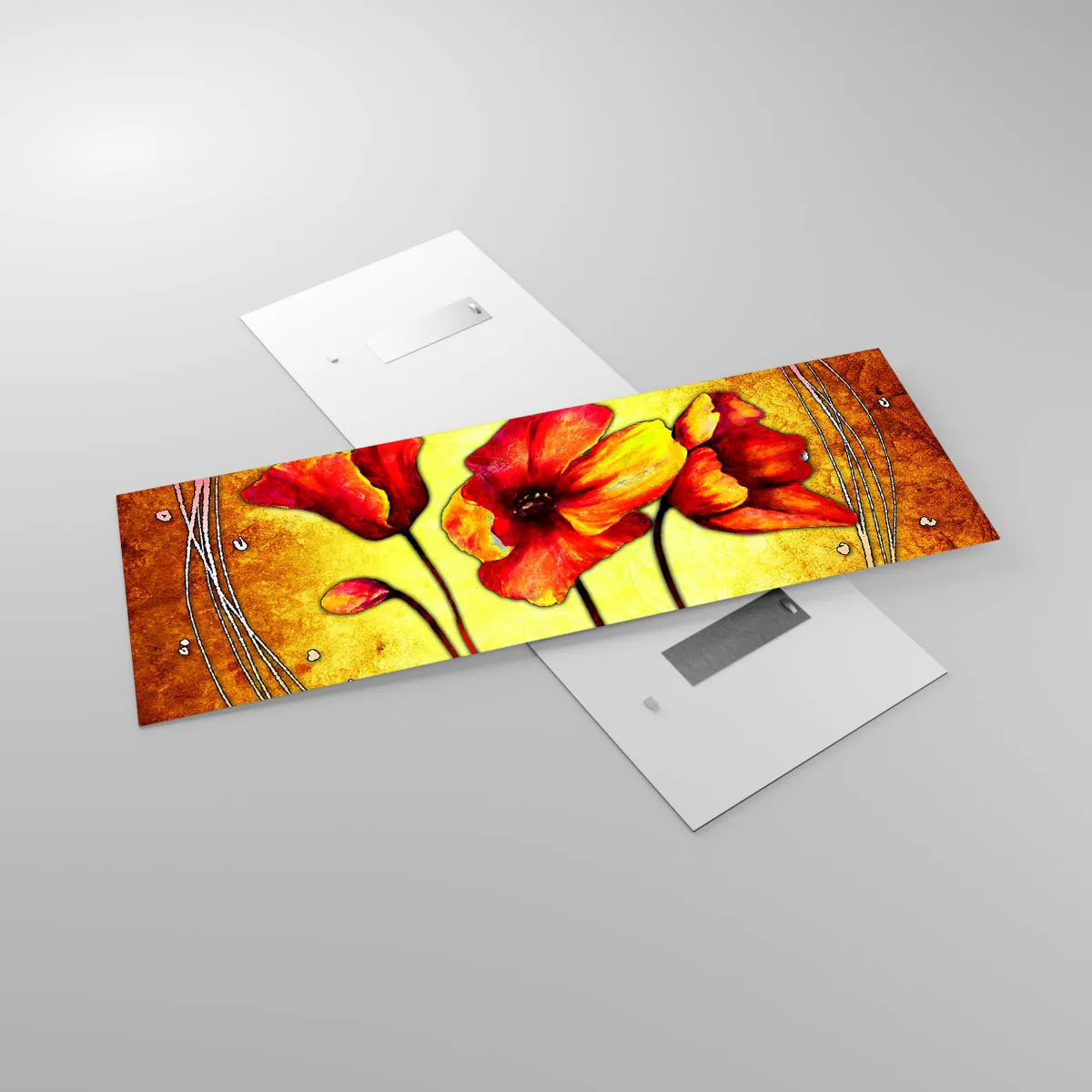 Quadro su vetro - Fiori rossi e gialli su sfondo oro con motivi decorativi - 140x50cm - Decorazione Art Nouveau - Decorazione murale moderna per soggiorno e camera da letto ARTTOR